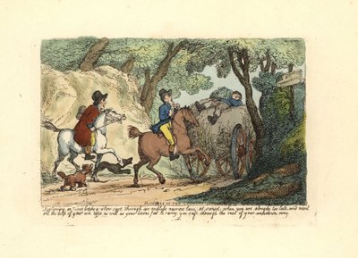 Mand til hest bag en langsomt kørende vogn på en smal bane. af Thomas Rowlandson
