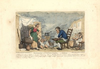 Mand, der bruger bælge foran en ild i et røgfyldt rum. af Thomas Rowlandson