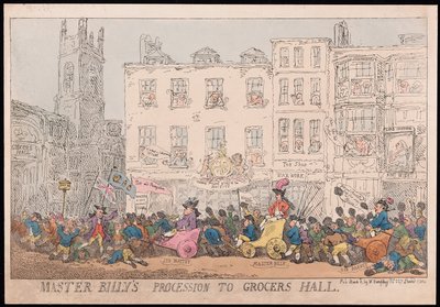 Master Billys Procession til Grocers Hall, pub. 1784 (håndfarvet gravering) af Thomas Rowlandson