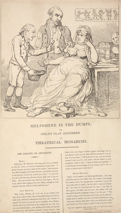 Melpomene i dyb nedtur; eller: Børneleg forsvaret af teatermonarker af Thomas Rowlandson