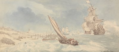 Krigsskibe og sejlbåde nær kysten af Thomas Rowlandson