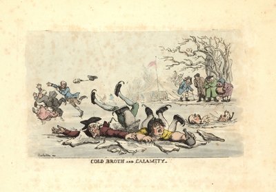 Mænd og kvinder, der skøjter på tynd is og falder ned i en frysende ri af Thomas Rowlandson