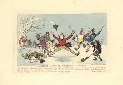 Mænd falder på skøjter, en anden falder gennem isen osv. af Thomas Rowlandson