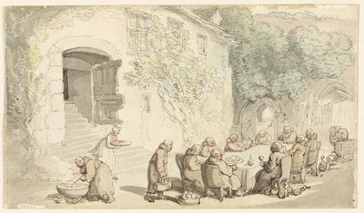 Munke spiser udenfor (recto); Village Street (verso) af Thomas Rowlandson