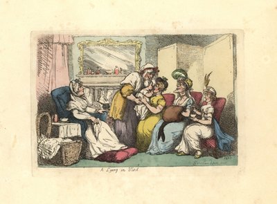Mor med nyfødt baby besøgt af flere kvinder i en stue. af Thomas Rowlandson