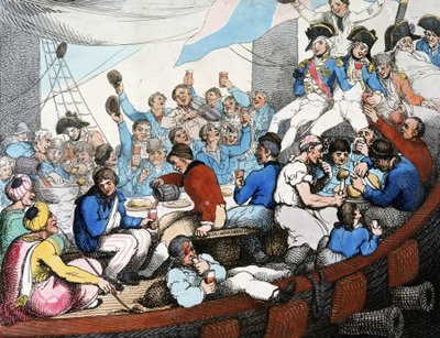 Napoleonskrigene, den egyptiske kampagne (ekspedition) (1798-1801): Admiral Horatio Nelson (1758-1805) fejrer sammen med sine tropper sin glorværdige sejr i Slaget ved Nilen (Slaget ved Aboukir) (august 1798) om bord på sin båd. af Thomas Rowlandson