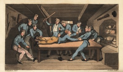 Søens straf for cobbing (tæsk) for at ødelægge et måltid. Johnny bliver slået med en pind over rodebordet for at tilsætte salt til buddingen. Håndfarvet kobberstik af W. Læst efter en illustration af Thomas Rowlandson fra Alfred Burtons The af Thomas Rowlandson