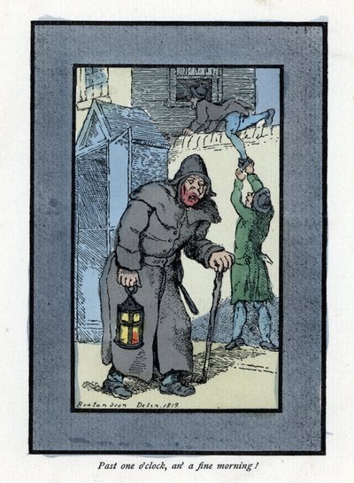 Nattevagt med sin lanterne og stok, uopmærksom på to indbrudstyve, der kommer ind i et hus bag ham (1819). Træstik, baseret på et maleri af Thomas Rowlandson (1756-1827), udgivet i The Cris of London: med seks charmerende børn og næsten 40 illus. af Thomas Rowlandson