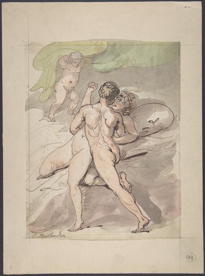 Nøgent par i en omfavnelse af Thomas Rowlandson