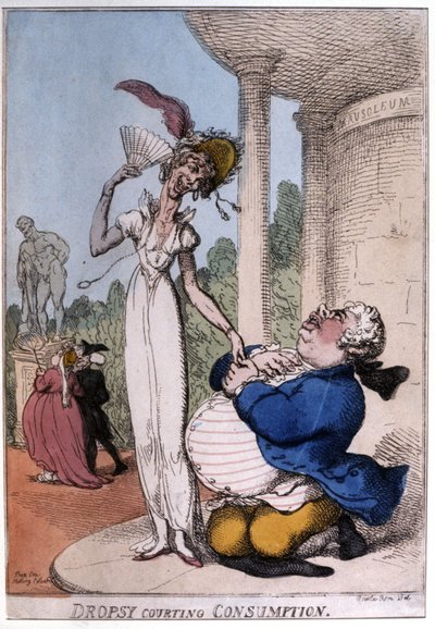 Overvægtig mand, der bejler til en tuberkulosepatient: vattersot og forbrug, begyndelsen af det 19. århundrede (karikatur) af Thomas Rowlandson