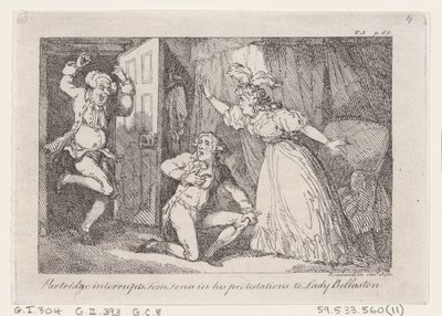 Partridge afbryder Tom Jones i sine protester til Lady Bellaston, fra The History o..., 1792. af Thomas Rowlandson