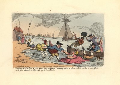 Passagerer glider og falder ned i flodens mudder. af Thomas Rowlandson