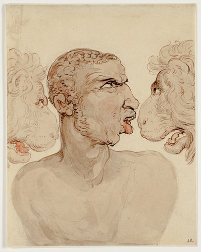 Fysiognomisk undersøgelse af hovedet af en mand og to løver af Thomas Rowlandson
