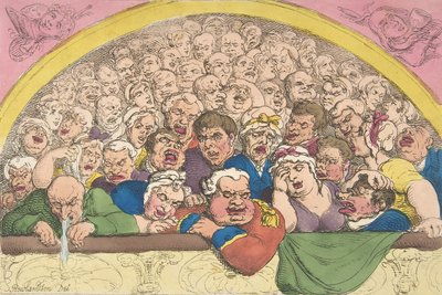 Duehul. A Convent Garden Contrivance to Coop up the Gods, 20. februar ..., 20. februar 1811. af Thomas Rowlandson