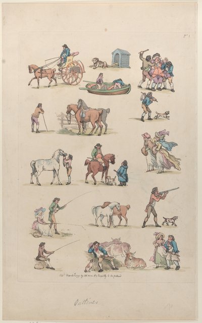 Tavle 1, Omrids af Figurer, Landskaber og Kvæg...til Lærernes Brug, Ma..., 8. Marts 1790. af Thomas Rowlandson