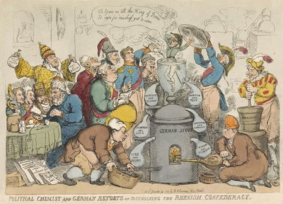 Politisk kemiker og tysk replikker eller opløsning af det rhenske forbund, pub. 1813 (håndfarvet gravering) af Thomas Rowlandson