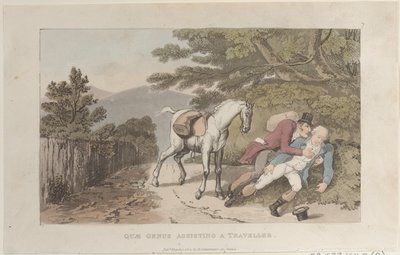 Quae Genus assisterer en rejsende, fra The History of Johnny Quae Genus, The Litt..., 1. marts 1822. af Thomas Rowlandson