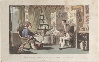 Quae Genus Reading til Sir Jeffery Gourmand, fra The History of Johnny Quae Genu..., 1. marts 1822. af Thomas Rowlandson