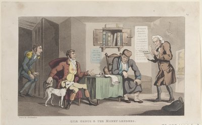Quae Genus & The Money Lenders, fra The History of Johnny Quae Genus, The L..., 1. september 1821. af Thomas Rowlandson