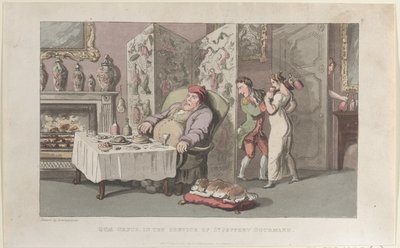 Quae Genus, i tjeneste for Sr. Jeffery Gourmand, fra The History of Johnny ..., 1. august 1821. af Thomas Rowlandson