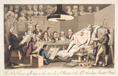 R---A---A---ys of Genius reflekterer over den sande linje af skønhed på Life Academy, Somerset House, fra The English Spy, udgivet af The English Spy. 1824 (håndkoloreret gravering) af Thomas Rowlandson