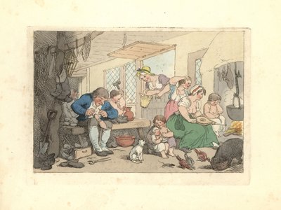 Regency skomager reparerer sko i et overfyldt lokale. af Thomas Rowlandson