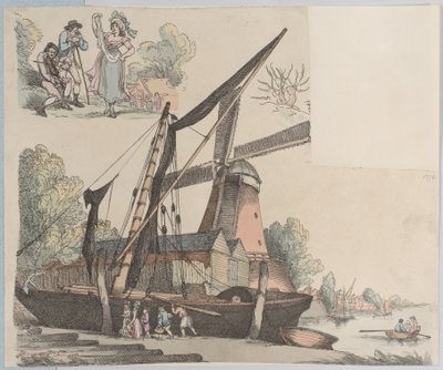 Flodscene med vindmølle fra plade 9, omrids af figurer, landskaber og C..., 20. januar 1791. af Thomas Rowlandson