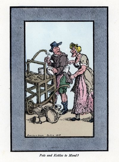Roaming og klientretamer, der viser bunden af en gryde. Han slår en metalgryde med en hammer på en bærbar bænk. Træstik, baseret på et maleri af Thomas Rowlandson (1756-1827), udgivet i The Cris of London: med seks charmerende børn og næsten 40 i af Thomas Rowlandson