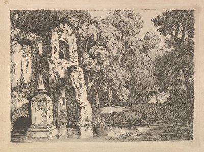 Ruiner ved siden af en pool i et skovklædt landskab, 1783-84. af Thomas Rowlandson