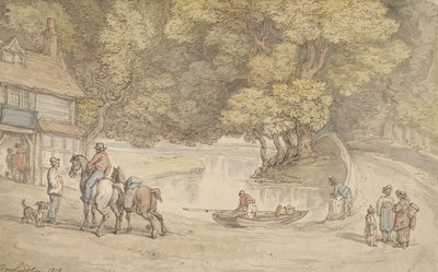 Landligt motiv med en flod og en bro af Thomas Rowlandson