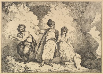 Scene fra stormen: Caliban, Prospero og Miranda, [1783-87] genudgivet 1801. af Thomas Rowlandson