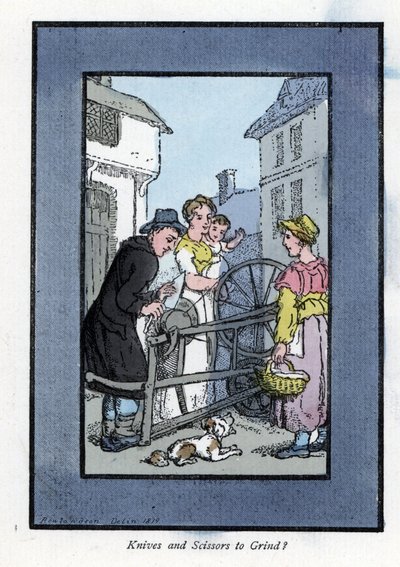 Skærper sliber en kniv på sit slibehjul med sine klienter (1819). Træstik, baseret på et maleri af Thomas Rowlandson (1756-1827), udgivet i The Cris of London: med seks charmerende børn og næsten 40 illustrationer, af Andrew Tuer, Fiel af Thomas Rowlandson
