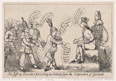 Sir Jeffery Dunstan præsenterer en adresse fra Corporation of Garratt, De..., 30. december 1788. af Thomas Rowlandson