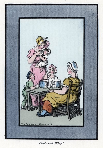 Siddende kvinde, der sælger vagtelmælk og mælk, har mor og børn (1819). Træstik, baseret på et maleri af Thomas Rowlandson (1756-1827), udgivet i The Cris of London: med seks charmerende børn og næsten 40 illustrationer, af Andrew Tuer, Field af Thomas Rowlandson