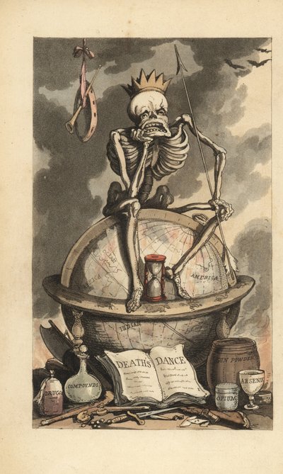 Skelet med krone, spyd og timeglas siddende på en globus over forskellige dødelige våben, pistoler, knive, gifte og stoffer. Håndfarvet kobberplade tegnet og graveret af Thomas Rowlandson fra The English Dance of Death, Ackermann, London af Thomas Rowlandson
