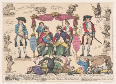 Skitse af Politiks i Europa, fødselsdag for kongen af Preussen, 10. februar 1786., 10. februar 1786 af Thomas Rowlandson