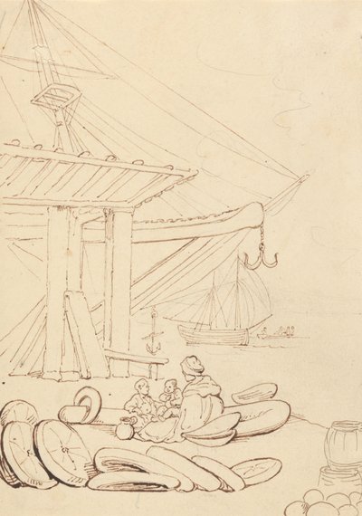 Tegning af en kvinde og børn, der sidder på en skibskaj af Thomas Rowlandson