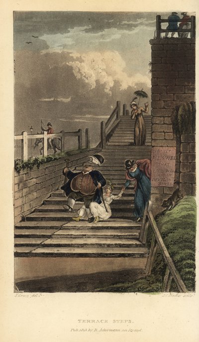 Terrassetrin: turister vælter ned ad trappen på Cliff Terrace. Håndfarvet kobberstik af Thomas Rowlandson, akvatint af J.C. Stadler, efter en skitse af J. Green fra Poetical Sketches of Scarborough, Ackermann, London af Thomas Rowlandson