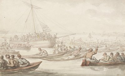 Det årlige scullingløb for Doggetts frakke og badge, ca. 1805-10 (blyant, pen, blæk og akvarel på papir) af Thomas Rowlandson