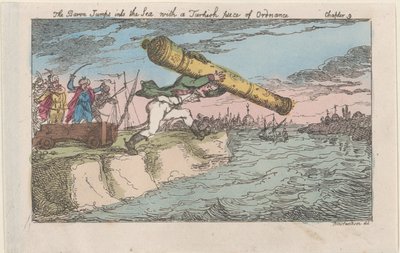 Baronen hopper i havet med et tyrkisk stykke ammunition, [1809], re..., [1809], genudgivet 1811. af Thomas Rowlandson