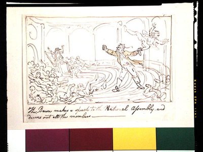 Baronen holder en tale til nationalforsamlingen og driver alle medlemmer ud (pen & blæk og akvarel på papir) af Thomas Rowlandson