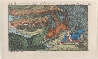 Baronen ankommer til Ceylon, bekæmper og erobrer to ekstraordinære modstandere, [1809], genudgivet 1811. af Thomas Rowlandson
