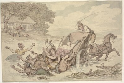 "The Carter and the Gypsies": En vogn vendte om i et vandløb og væltede en gruppe kvinder i vandet af Thomas Rowlandson