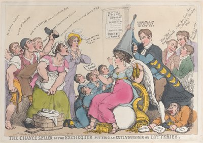 Chancesælgeren af statskassen sætter en ildslukker på lotterier, sep..., 18. september 1823. af Thomas Rowlandson