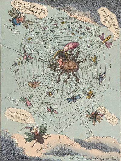 Den korsikanske edderkop i sit spind!, 12. juli 1808., 12. juli 1808. af Thomas Rowlandson