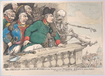 Korsikaneren og hans blodhunde ved vinduet til Thuillerierne, der kigger over P..., 16. april 1815. af Thomas Rowlandson