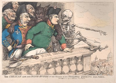 Korsikaneren og hans blodhunde ved vinduet til Thuillerierne, der kigger over P..., 16. april 1815. af Thomas Rowlandson