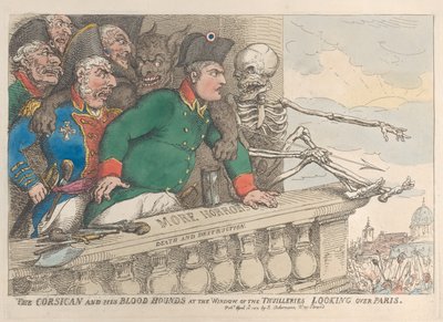Korsikaneren og hans blodhunde ved vinduet til Thuillerierne, der kigger over P..., 16. april 1815. af Thomas Rowlandson