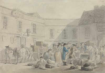 Toldhuset i Boulogne - verso: Grafitskitse af heste, vogne og bygninger (pen & blæk & w/c på papir) af Thomas Rowlandson