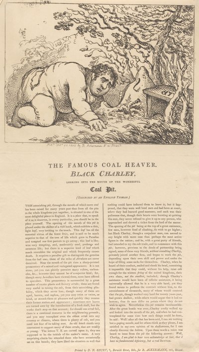 Den berømte kulbærer, Black Charley, kigger ned i indgangen til den fantastiske kulmine af Thomas Rowlandson